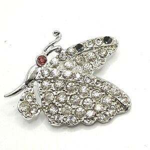 Vintage‎ Butterfly Brooch Silver Rhinestone Crystal Insect Pin Red Black White